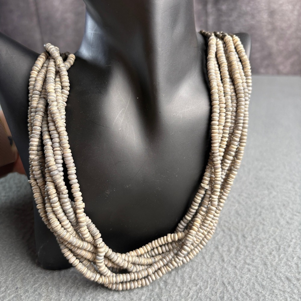 Multi Strand Beaded Necklace Grey Neutral Boho Layered Statement Hook Closure